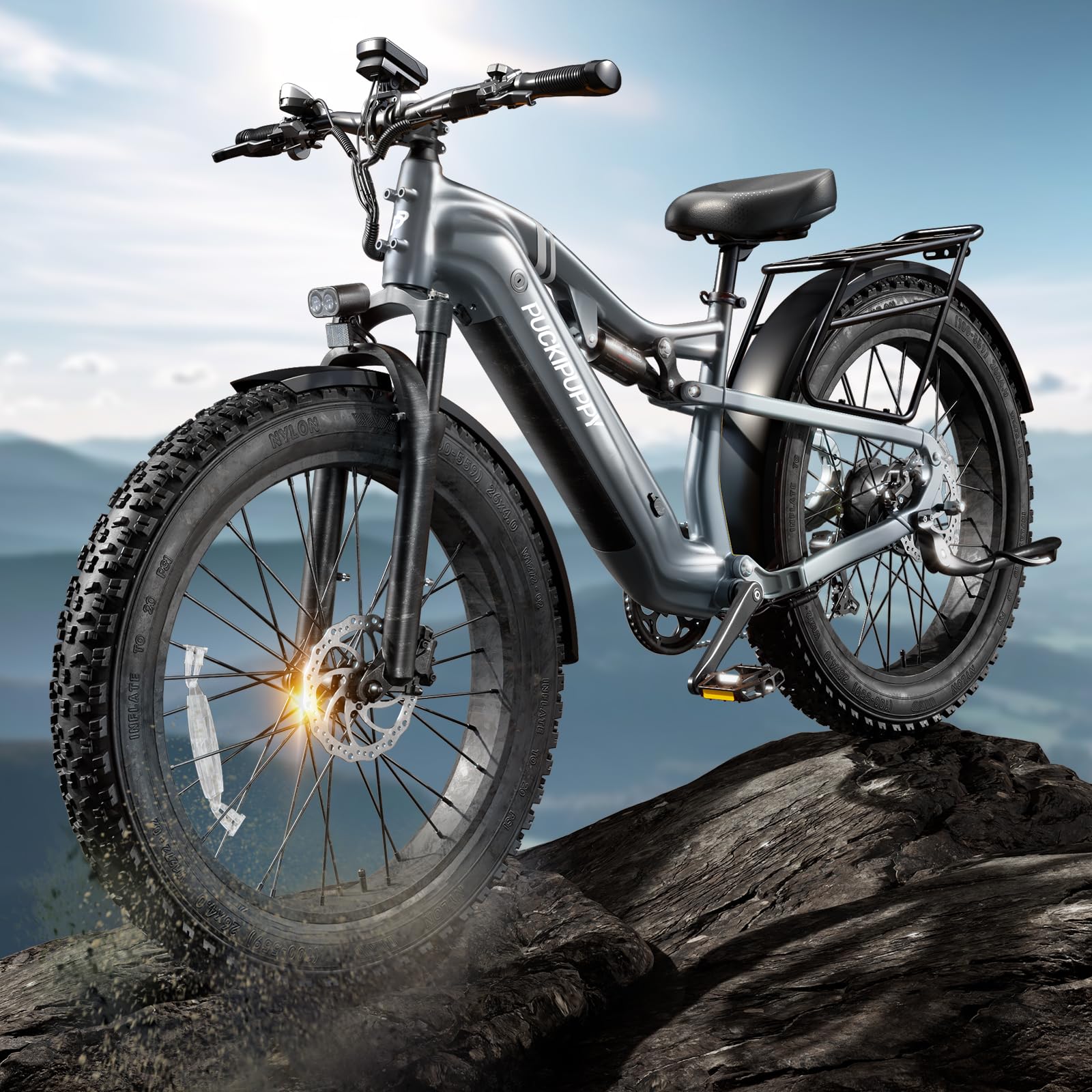 PUCKIPUPPY Electric Bike for Adults 1350W Peak, 28 MPH, 48V 20AH Battery Ebike, 26"x4" Fat Tire Full Suspension Electric Mountain Bike, 80 Miles Range, 8 Speed, Torque Sensor (Labrador Pro)