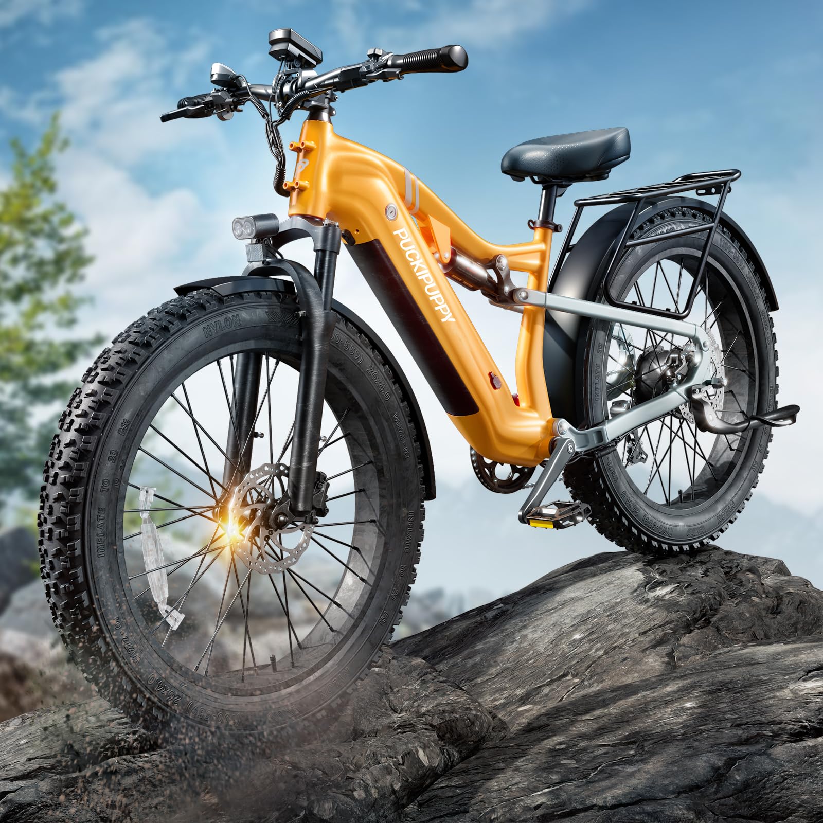 PUCKIPUPPY Electric Bike for Adults 1350W Peak, 28 MPH, 48V 20AH Battery Ebike, 26"x4" Fat Tire Full Suspension Electric Mountain Bike, 80 Miles Range, 8 Speed, Torque Sensor (Labrador Pro)